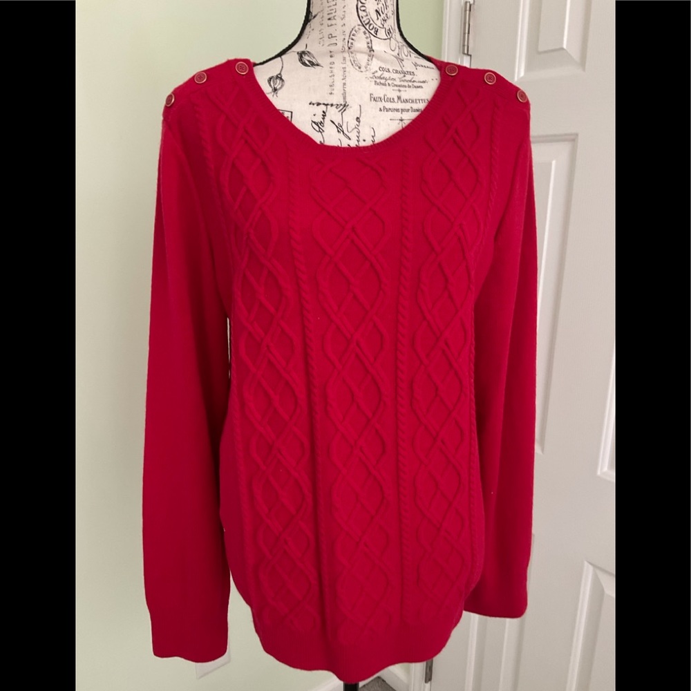 Talbots Red Cable Knit Crewneck Sweater with Shoulder Buttons
